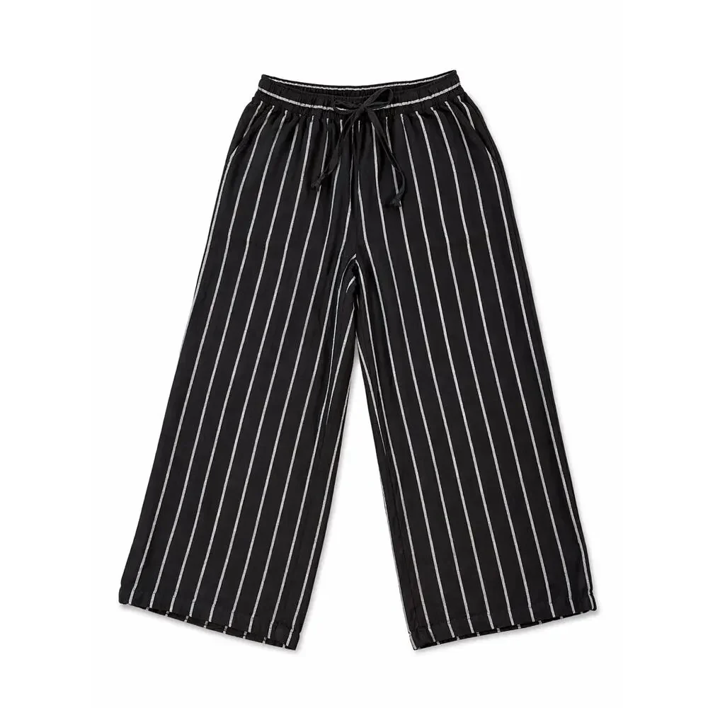 Black White Pinstripe Linen Rayon Wide Leg Cropped Pants XL Casual Coastal Boho - Picture 1 of 9